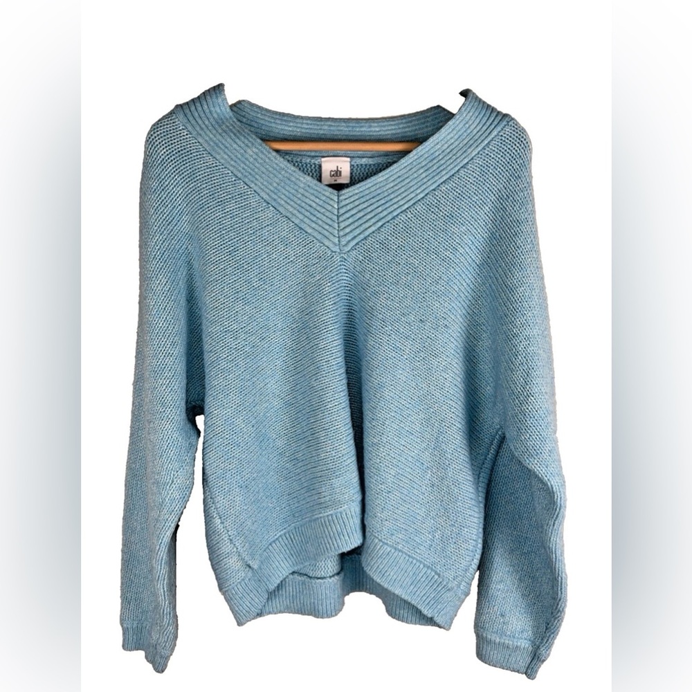 Cabi Frosty Pullover Sweater Blue Crochet V-Neck Women's Medium Aqua Item# 4282 - Picture 2 of 12
